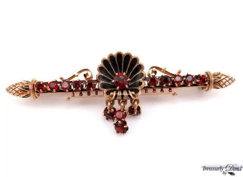 VINTAGE 2.00CT RED GARNET ENAMEL 14K YELLOW GOLD PIN BAR BROOCH