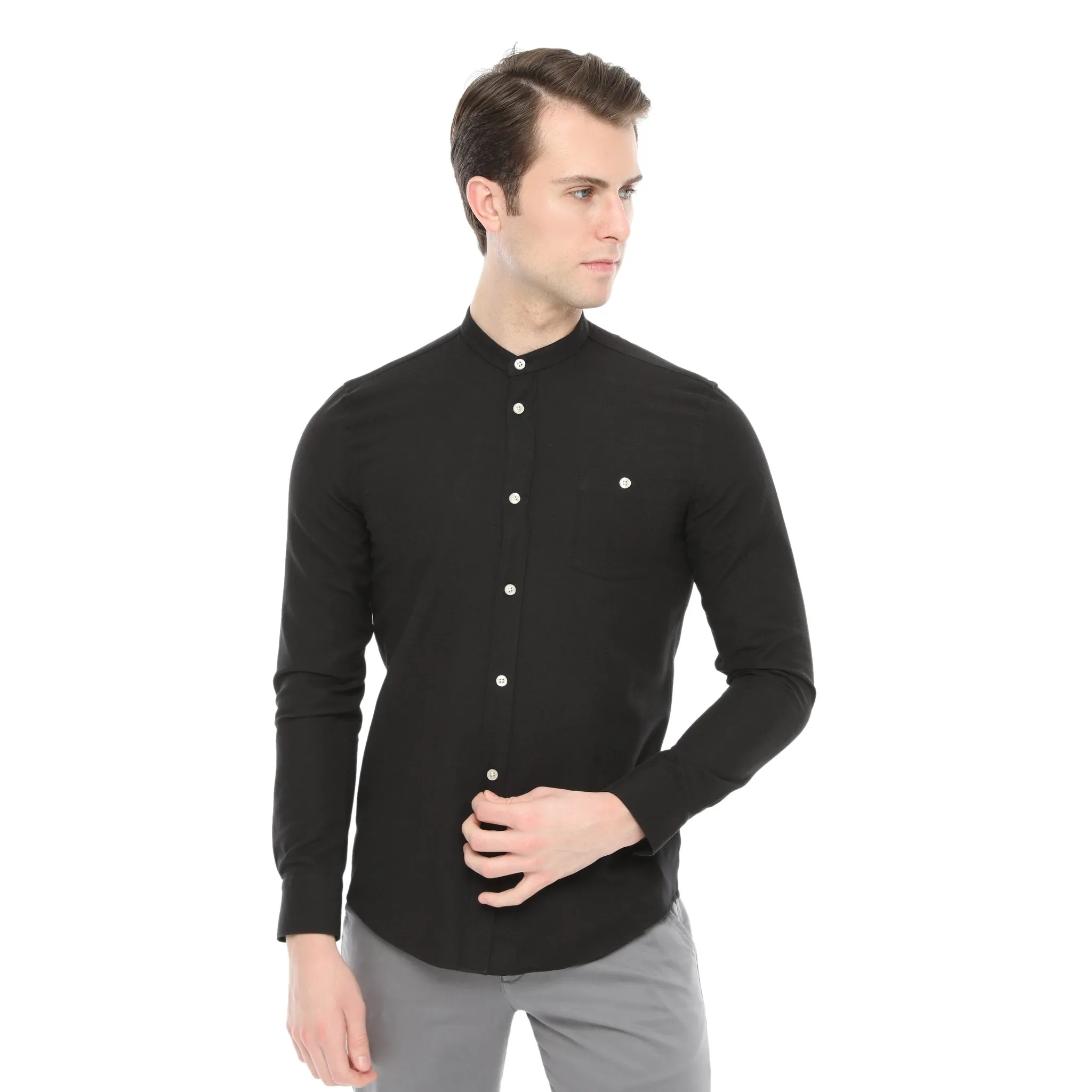 Xact Mens Grandad Collar Nehru Oxford Shirt 'Gustus' Long Sleeved - Slim Fit