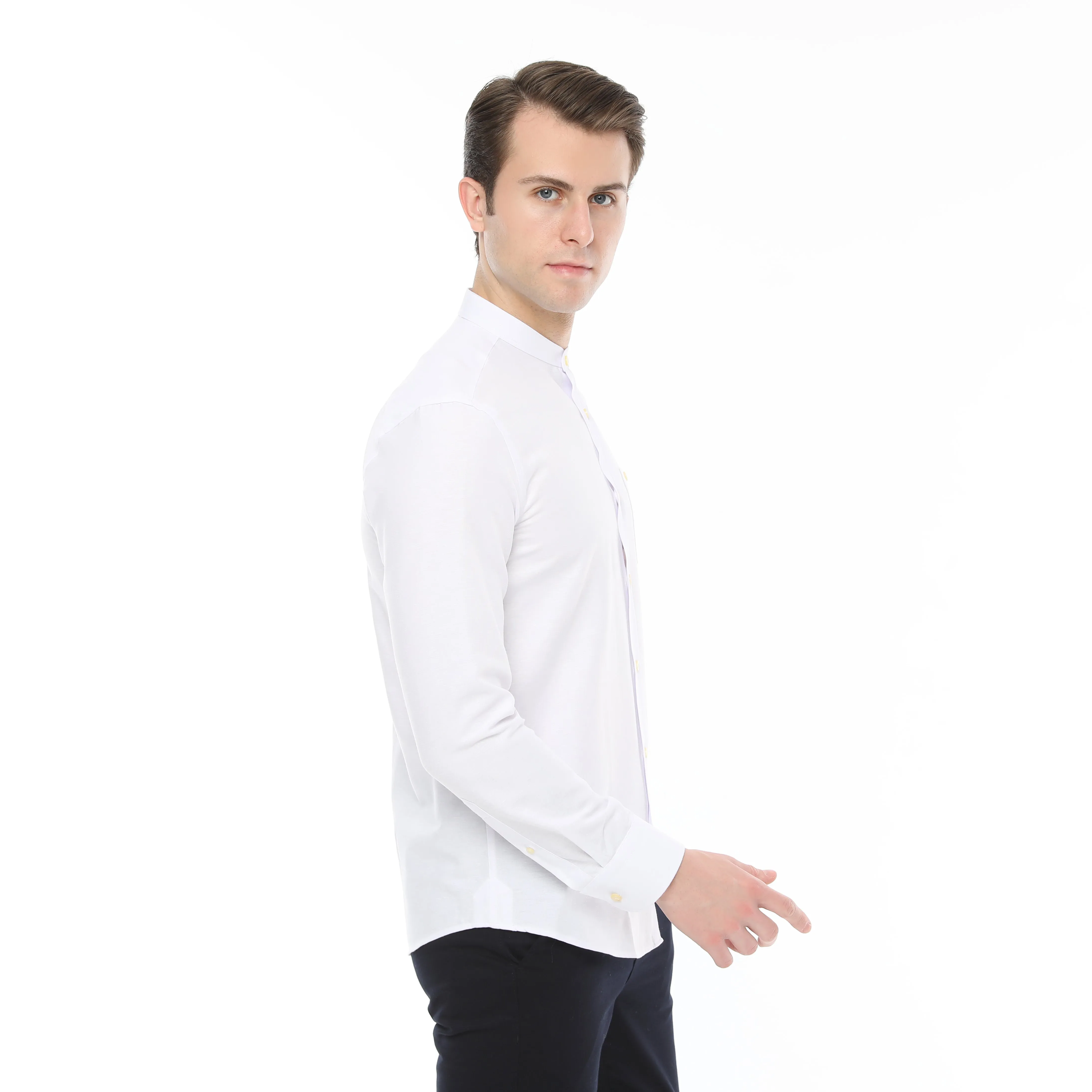 Xact Mens Grandad Collar Nehru Oxford Shirt 'Gustus' Long Sleeved - Slim Fit