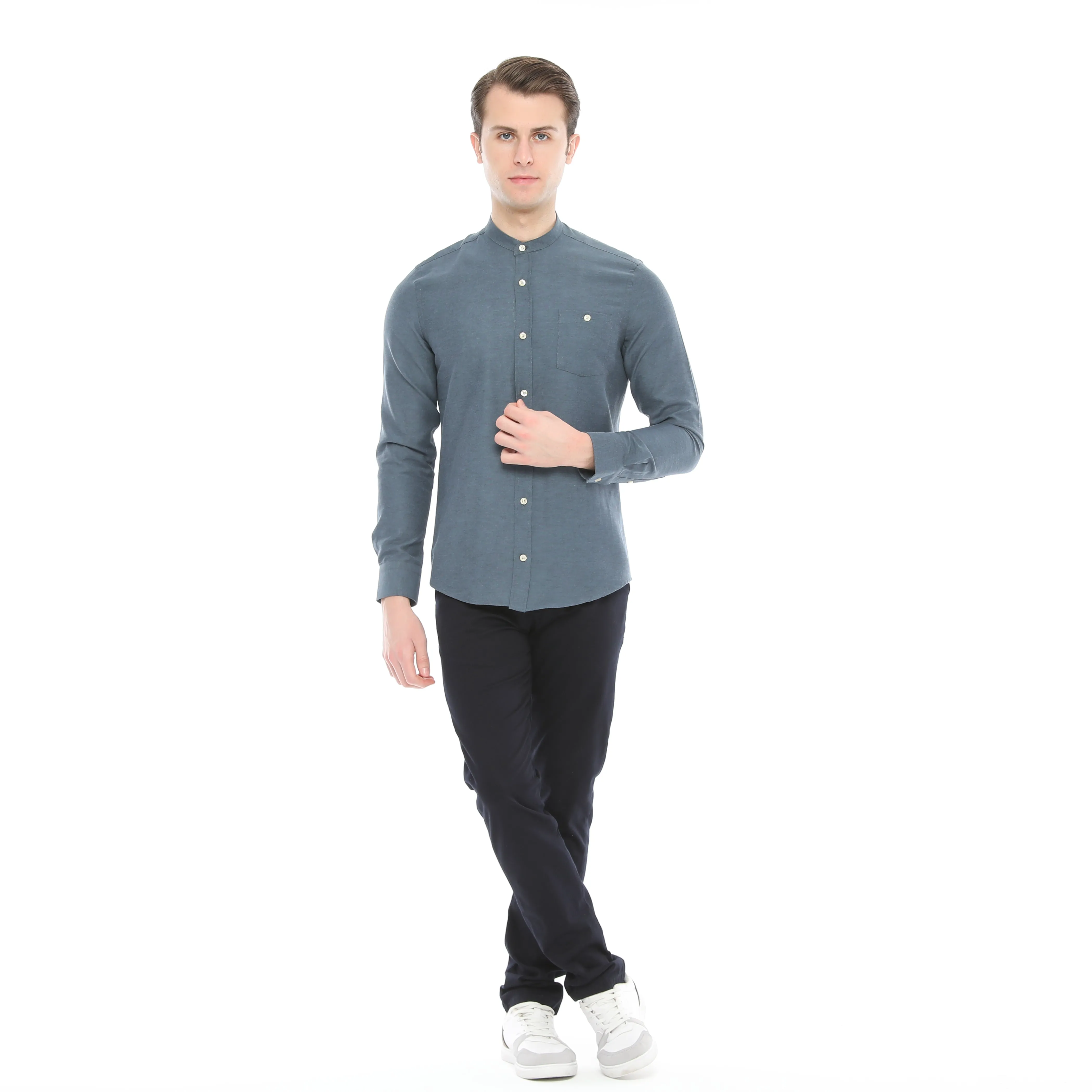 Xact Mens Grandad Collar Nehru Oxford Shirt 'Gustus' Long Sleeved - Slim Fit