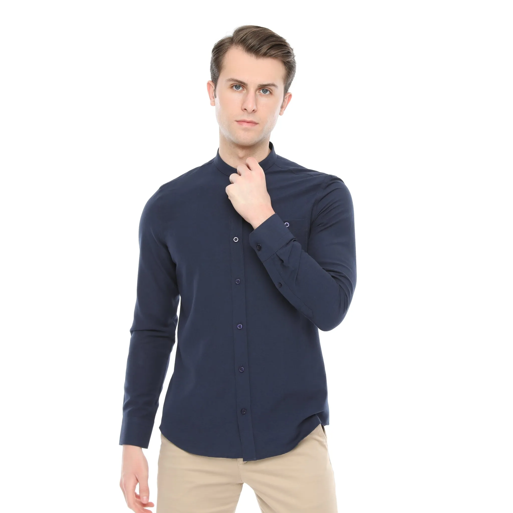 Xact Mens Grandad Collar Nehru Oxford Shirt 'Gustus' Long Sleeved - Slim Fit