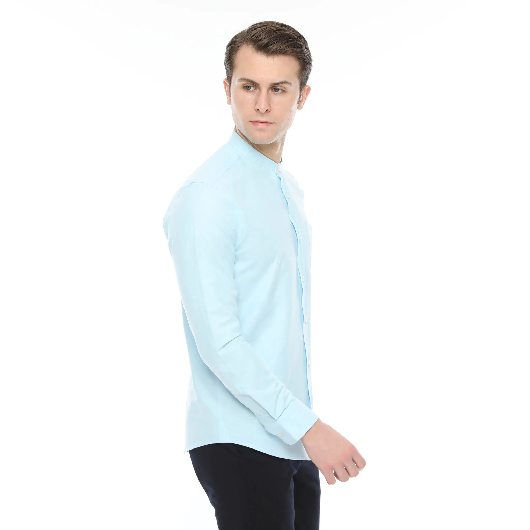 Xact Mens Grandad Collar Nehru Oxford Shirt 'Gustus' Long Sleeved - Slim Fit