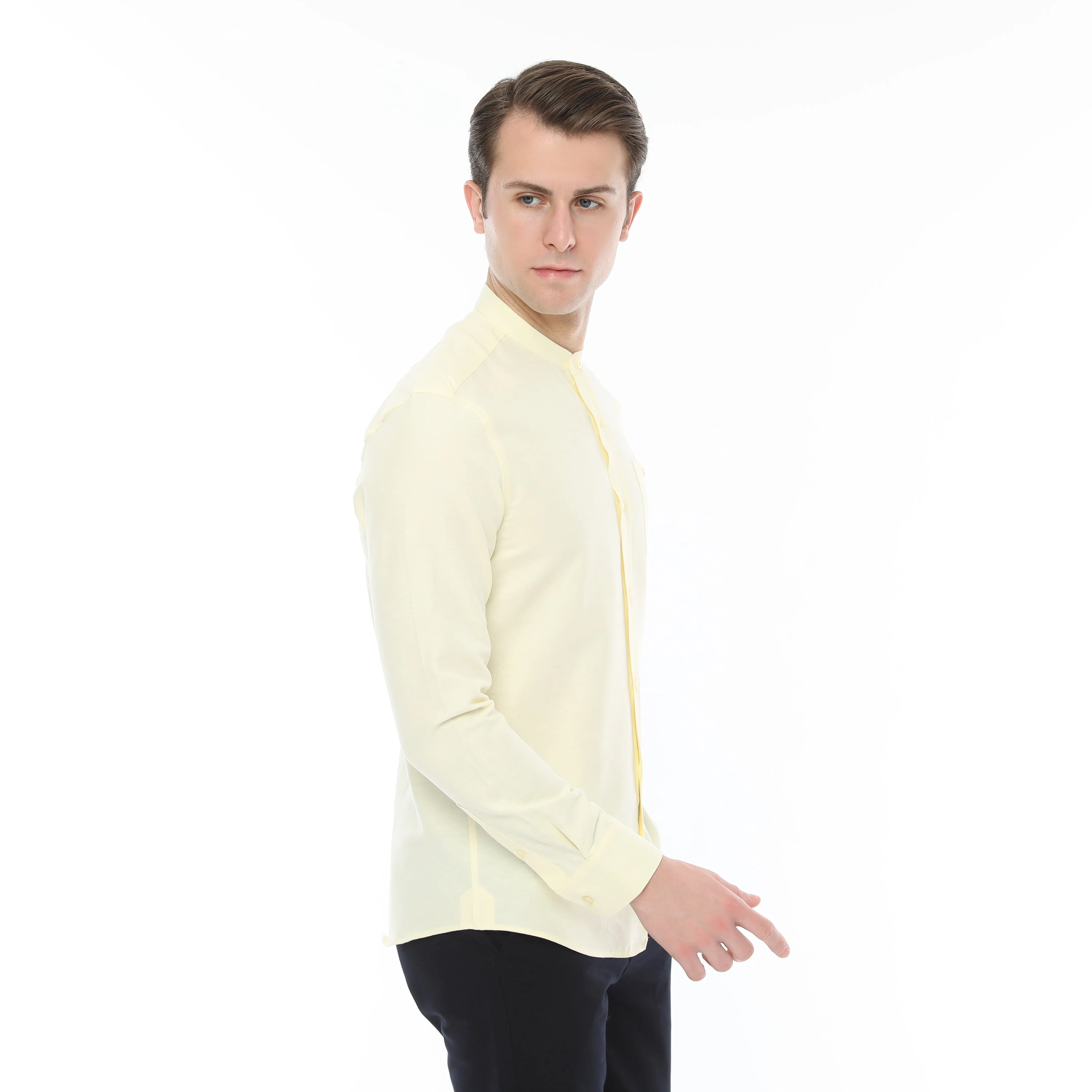 Xact Mens Grandad Collar Nehru Oxford Shirt 'Gustus' Long Sleeved - Slim Fit